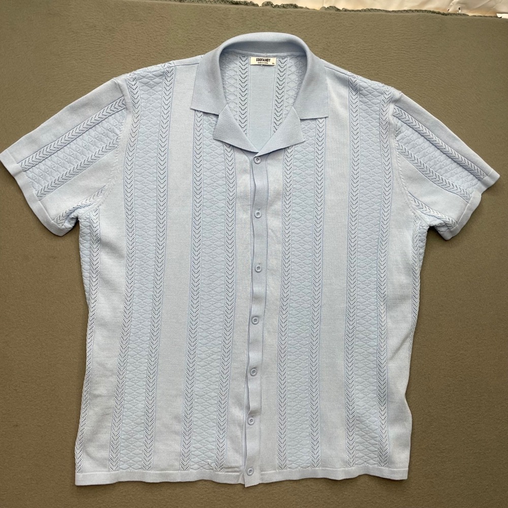 COOFANDY Men Shirt Light Blue Rayon Knit 3XL Retro Pointelle Camp Collar